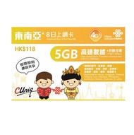 中國聯通 - 8日【東南亞】4G/3G 無限上網卡數據卡Sim咭 (首5GB高速數據)