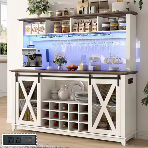 58H Farmhouse Coffee Bar Cabinet with Power Outlet and LED Light,Wine Bar Cabinet w 4 Storage Hutch,