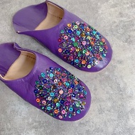 摩洛哥 babouche 室內拖鞋 珠串刺繡 糖果花磚 紫