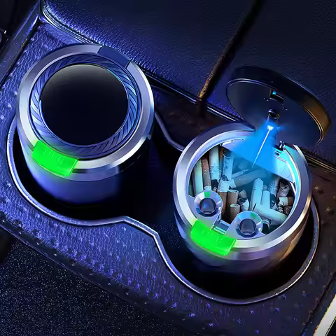 1 car ashtray set, interior use, one click lid opening, large capacity, equipped with LED lights and
