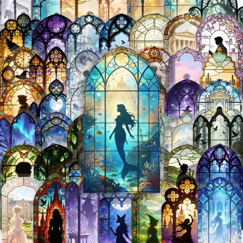 50Pcs New Stained Glass Silhouette PET Stickers Dreamy Creative Waterproof Clear Decals For DIY Art 