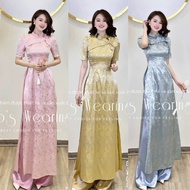 LEOSWEARING Stylish Traditional Ao Dai Set with Noble Flower Collar, Feminine Pink Pants DB498, DB49