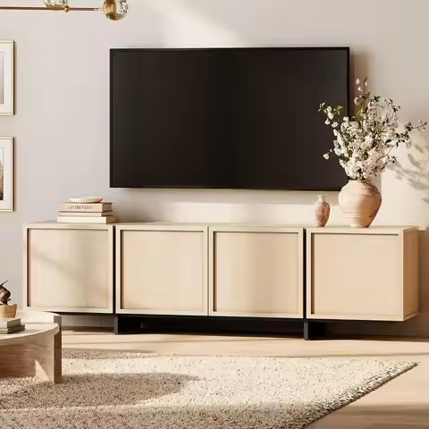 Modern TV Stand for 32-75 inch TVs, Wood Entertainment Center with Storage Cabinets, Media TV Consol