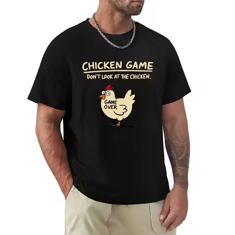 Chicken Game Don't Look At The Chicken Pattern Print T-Shirt Men Casual Daily Outdoor Round Neck Sho