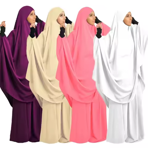 2 Piece Ramadan Khimar Muslim Women Prayer Set Dress Full Cover Islamic Burka Hooded Arab Gowns Umra