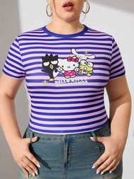 HELLO KITTY AND FRIENDS | SHEIN 夏季加大碼休閒條紋修身短袖T恤，卡通和字母印花圖案