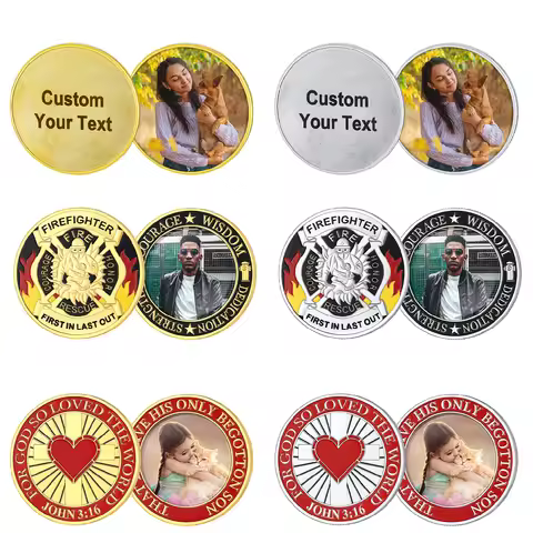 U7 Custom Photo Pocket Coin Text Engraved Firefighter/JOHN 3:16 Red Heart Commemorative Coins Annive