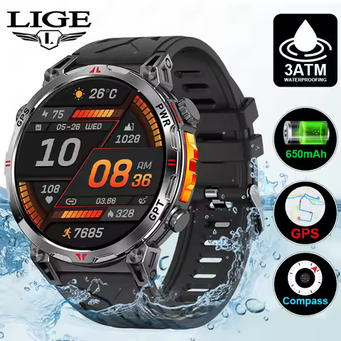 LIGE Military GPS Sports Smart Watch Men 650mAh Large Battery 3ATM Waterproof Compass Clock Altimete