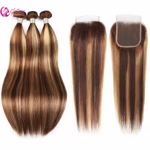 Premium Highlight Straightp4/27#3 Bundles and 4x4 lace Closure Human Hair10-28"Brazilian Virgin Remy