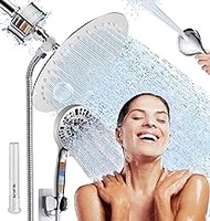 8" Round Shower Head with Handheld Shower Head Combo Dual Filtered Shower Head with Handheld Built-in Power Wash Rain Showerhead with Filters for Hard Water + Extra Handheld Shower Filter Cartridge
