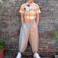 TIMBEE LO 藍啡色粗條子棉麻闊腳武士褲 拼色尖角褲腳口7分長褲