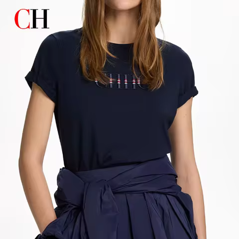 CH Women's Basic T Shirt Letter Embroidery Stripe Accent Crew Neck Short Sleeve Casual Fashion Tops