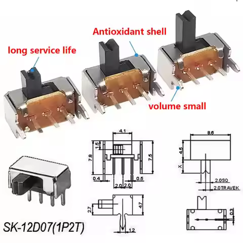 20Pcs SK12D07 Handle High 2/3/4/5/6/7mm SPDT 3 Pin PCB 2 Position 1P2T Side Knob SK12D07VG2/3/4/5/6/