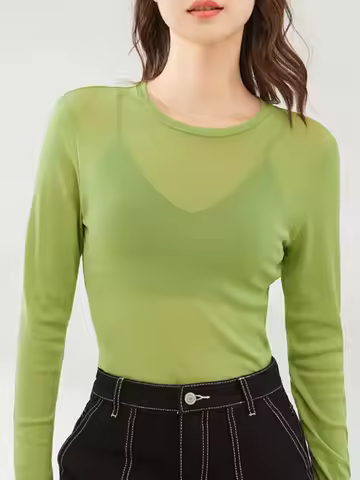 Candy-Colored Transparent Top long-sleeved T-shirt for Women Summer Thin Mesh Base Tees Sun Protecti