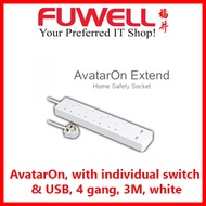 Schneider Electric-AvatarOn Trailing Socket with individual switch &amp; USB, 4 Gang, 3M, white (TSH34U_3_WE_C5)
