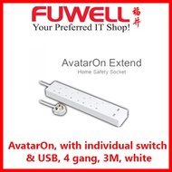 Schneider Electric-AvatarOn Trailing Socket with individual switch & USB, 4 Gang, 3M, white (TSH34U_