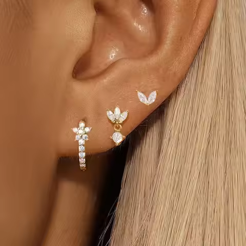 3PCS Flower Huggie Earring Set For Women Tragus Piercing Jewelry Lot Leaf Crystal Cartilage Hoop Ear