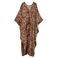 XITAO Leopard Batwing Sleeve Side Split V-neck Dress Pullover Loose Vintage Slim  Ankle-Length All M