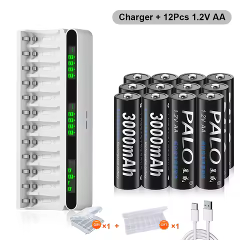 PALO 1.2V NI-MH AA Rechargeable battery 3000mAh AA NIMH 2A Batteries+ 12 Slots LCD charger for 1.2V 