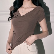 Spring White Cowl Neck Stacked Draped Top Off-Shoulder Short Sleeve