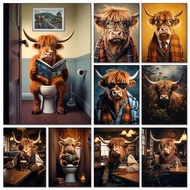 Cetakan Kanvas Potret Lembu Highland Minum Bir Vintage - Poster Seni Dinding Haiwan untuk Hiasan Rum