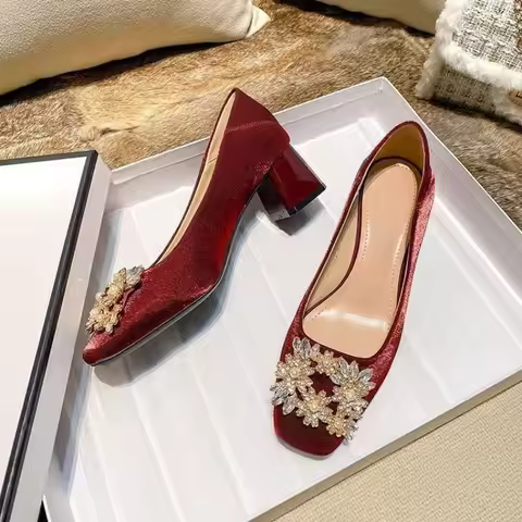 Women Wine Red Velvet Rhinestone Square Buckle Square Toe Block Heel Pumps Bridal Wedding Party Dres