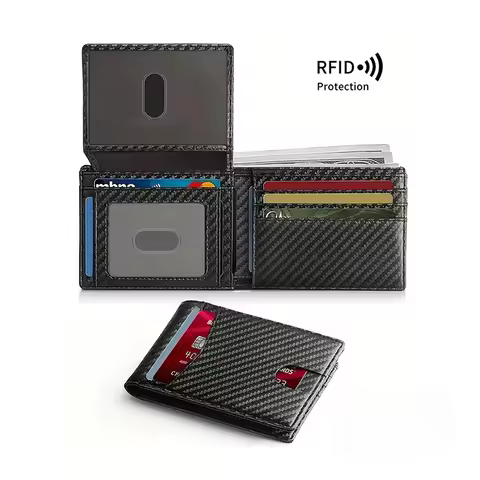 Men's Wallet Ultra Thin Rfid Leather with ID Window Multi Card Carbon Fiber Wallet 14 Card Slots RFI