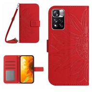 全城熱賣 - 適用於小米 Redmi Note 11 5G / Note 11T 5G / Poco M4 Pro 5G 膚感太陽花圖案防摔手機皮套帶掛繩（紅色）