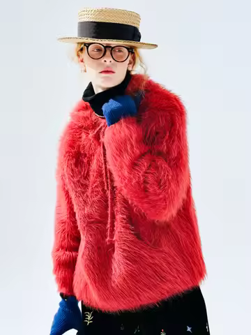 Red Fuzzy Hooded Sweater, Loose & Warm, Daily Outfit, Fashionable Eye - Catching Vibe 255280