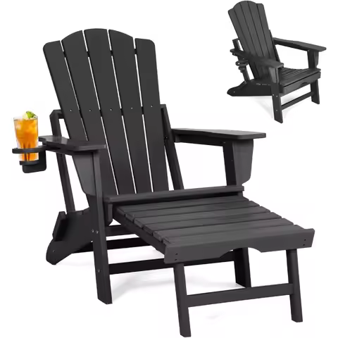 Folding Adirondack Chair with Retractable Ottoman,All Weather Fire Pit Chairs with Cup Holder,Outdoo