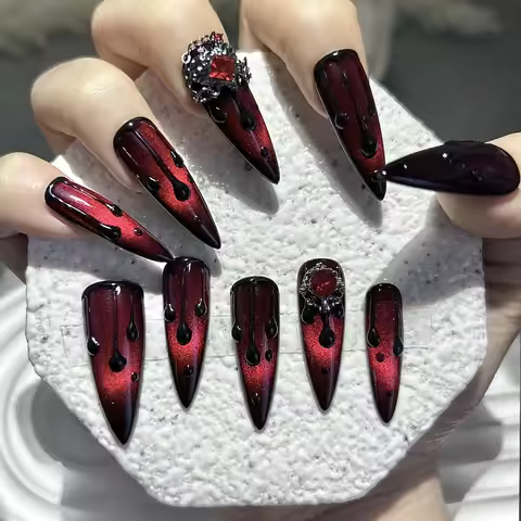 Dark Blood Red Spice Girls Press On Nails Handmade Red Cat Eye Blood Drops Vampire Red Diamonds Fake