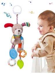 1入組男孩和女孩嬰兒狗娃娃玩具,適合0-12個月大的寶寶,柔軟的掛式褶皺發聲觸覺學習玩具,嬰兒新生兒嬰兒車汽車座椅嬰兒床旅行活動絨面動物風鈴,還有咬環和變形鏡子（一些部分可能會隨機出現）