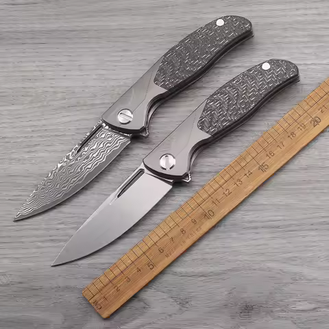 Damascus/M390 Steel Titanium Alloy Carbon Fiber Handle Folding Knife Outdoor Camping Defensive Play 