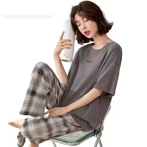 Big 5XL Pajama Sets Short Sleeved Drop Stitch Striped Knitted Cotton Sleepwear Elegant Women's Pajam