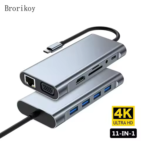 USB Type C Hub 11 in 1 Type-C to 4K HDMI-compatible VGA Adapter RJ45 Lan Ethernet SD TF PD 3.5mm Aud