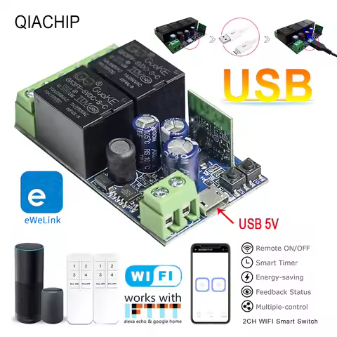 QIACHIP WiFi Smart Switch 10A DC 7-48V USB 5V 2 CH 2.4G RC with eWelink app Suitable for Curtain Mot