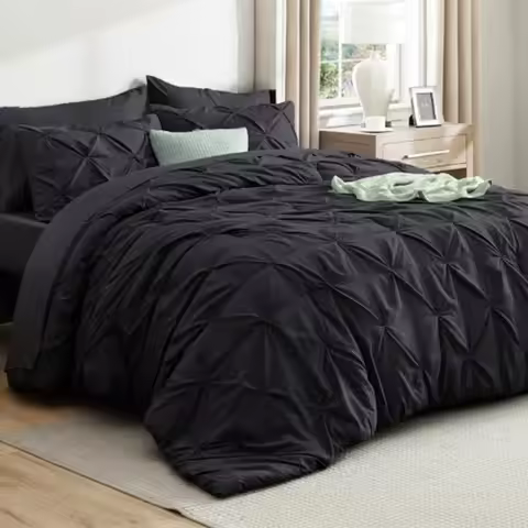 Comforter Set Black - Bed in a Bag Size Bedding 7 Pieces GentleSoft™ Pintuck Bed Set Gift for Family
