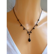 Black Crystal teardrop Necklace: Gothic Gunmetal Necklace