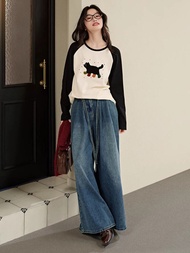 Áo Thun Cotton Dài Tay Thêu Hình Mèo KUOSE Dành Cho Nữ Mùa Xuân 2025 Áo Thun Cotton Nguyên Chất Cổ T