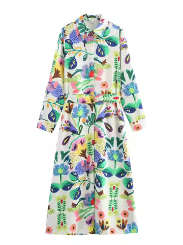 ZAJIA2005 new women's clothing European and American style with belt plant flower print long sleeve 