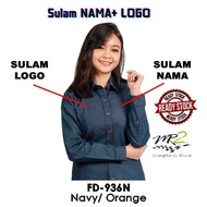BAJU KORPORATE PEREMPUAN DENIM TERBARU BIRU GELAP PIPING OREN (FD-936N) PANJANG JENAMA MR.2 TAHUN 20