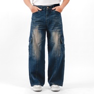 Gizmo - Barba Fade Denim Long Baggy Jeans Cargo Pants Korean Style Unisex
