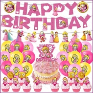 Princess Peach Mario theme kids birthday party decorations banner cake topper balloons set supplies