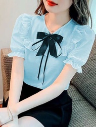 [Hàng Đẹp] Áo Sơ Mi Nữ Đính Nơ tay ngắn cổ tròn Gloria Shop 💖 - Ảnh Thật💖 Sơ mi kiểu [ Màu Kem]