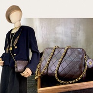 中古香奈兒黑色菱格紋絎縫CC吊墜化妝包 Chanel Vintage Diamond Double Quilted With CC hardware Charm Pouch In Black