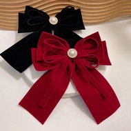 New Velvet Bow Ribbon Pearl-Inlaid Spring Clip Hairpin Japanese and Korean Style Elegant Girl Top Cl