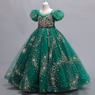 Jungle Themed Party Green Elegant Wedding Evening Gowns Puff Sleeves 3-14 Years Teen Girls Princess Dresses Star Sequined Long Dress