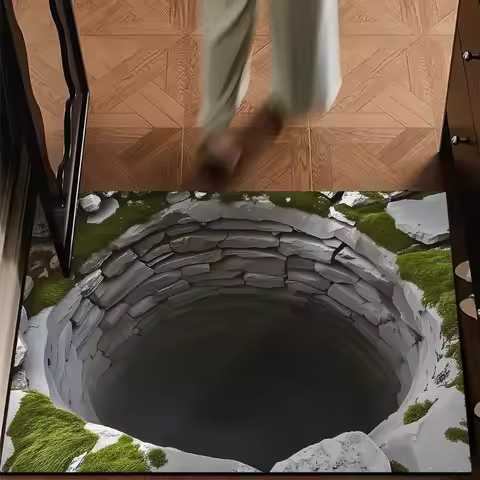 3D Optical Illusion Cave Hole Door Mat Stone Moss Pattern Carpet Funny Home Non-slip Water Absorbent