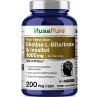 Choline & Inositol 1000mg - 200 Veggie Caps (100% Vegetarian, Non-GMO) Bioperine