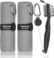 Seticek 2 Pack Golf Towel (16" X 16") with Golf Club Brush, Microfiber Waffle Pattern Golf Towels for Golf Bags for Men,Essential Golf Combo Cleaning Kit with (Gray)